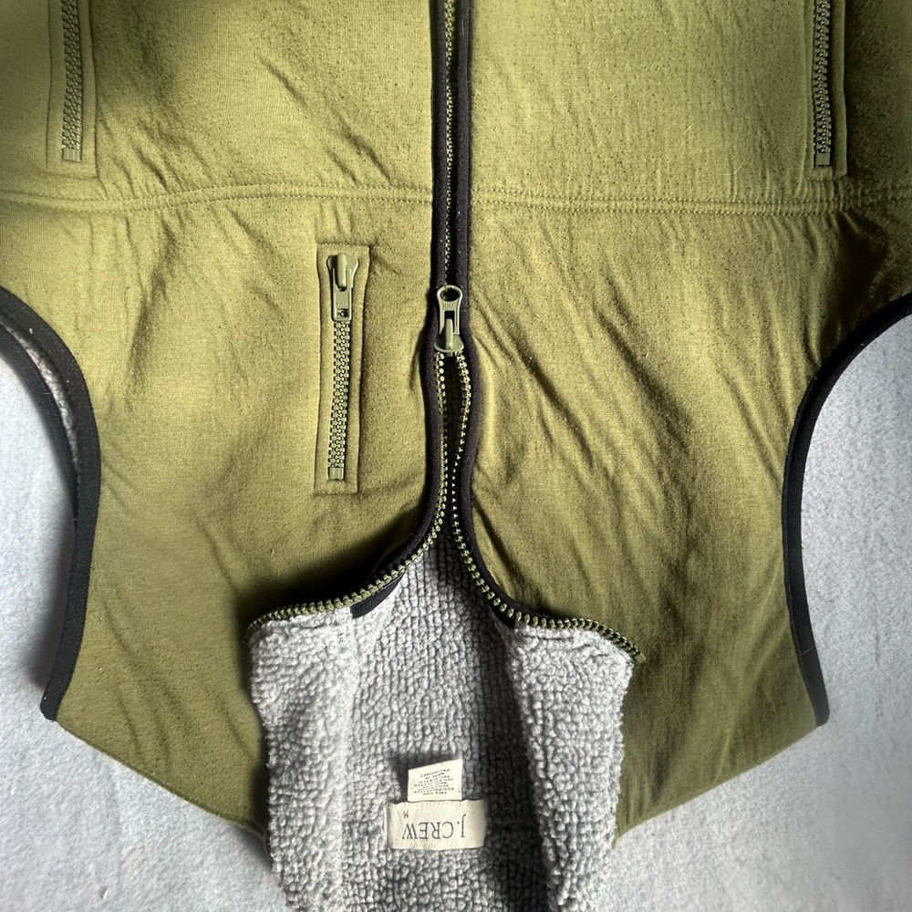 J Crew, Olive Green Vest, gray sherpa lining